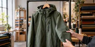 Unbeschriftete wasserabweisende Jacke wird in einer Textilwerkstatt von Händen geprüft.