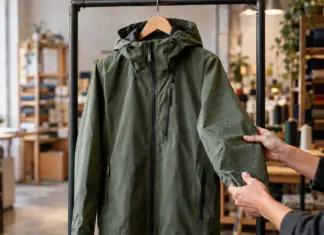 Unbeschriftete wasserabweisende Jacke wird in einer Textilwerkstatt von Händen geprüft.