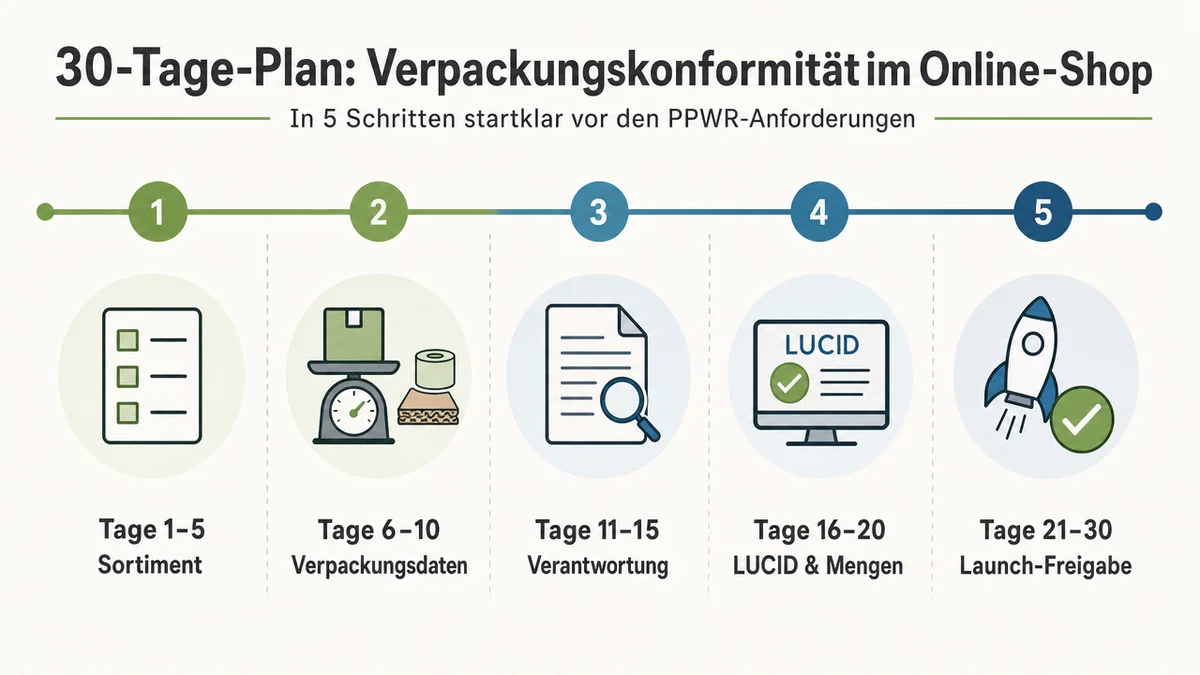 PPWR-30-Tage-Checkliste 30-Tage-Zeitachse für Verpackungsdaten, LUCID-Meldungen und Produktlaunch-Freigabe.