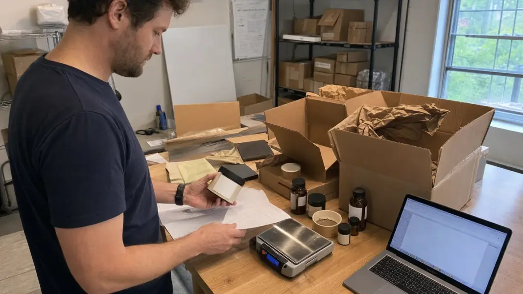 PPWR-Online-Shop-Check Hände prüfen Produktverpackungen und Unterlagen zur PPWR-Systembeteiligung am Arbeitstisch.