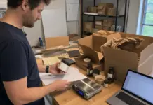 PPWR Online-Shop 2026: Was D2C-Startups bei Eigenmarken und Importen tun müssen Hände prüfen Produktverpackungen und Unterlagen zur PPWR-Systembeteiligung am Arbeitstisch.