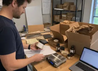 Hände prüfen Produktverpackungen und Unterlagen zur PPWR-Systembeteiligung am Arbeitstisch.