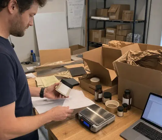 Hände prüfen Produktverpackungen und Unterlagen zur PPWR-Systembeteiligung am Arbeitstisch.