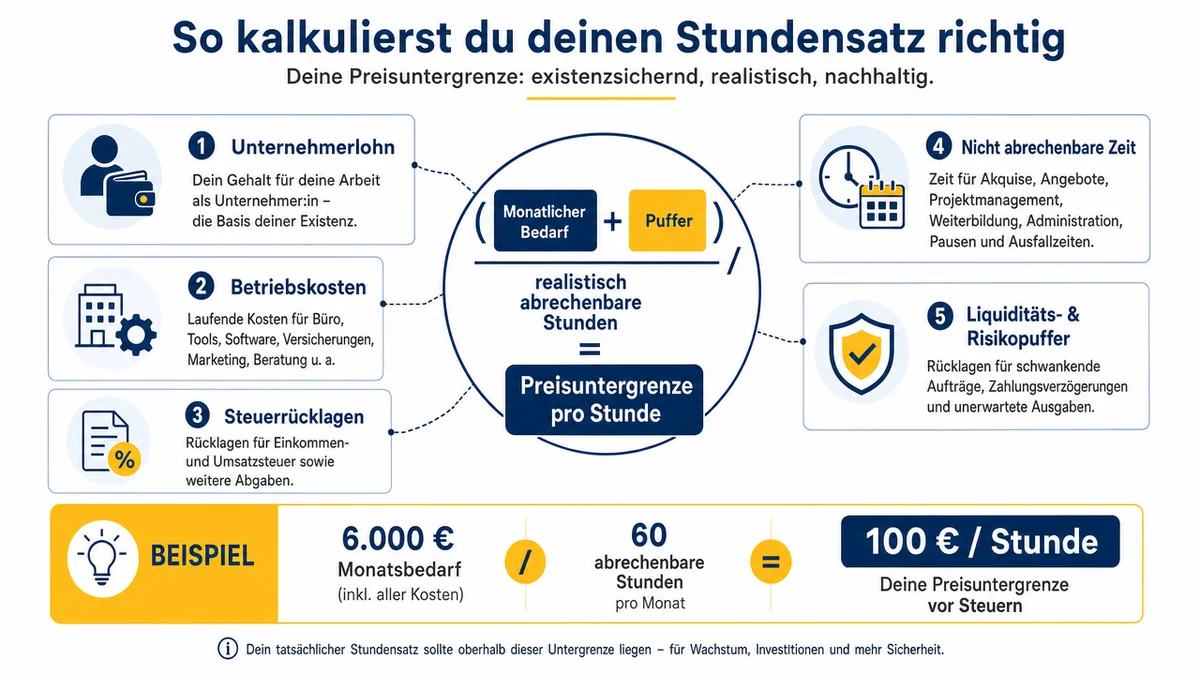 Preisuntergrenze-berechnen Infografik zeigt Preisuntergrenze aus Kosten, Puffer und fakturierbaren Stunden.