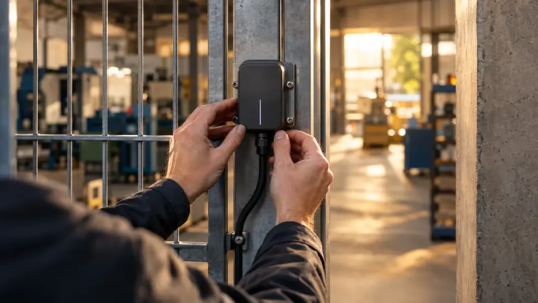 Unbeschriftetes vernetztes Steuergerät an einem Werkstatttor mit prüfenden Händen.