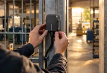 Unbeschriftetes vernetztes Steuergerät an einem Werkstatttor mit prüfenden Händen.