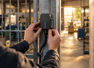 Unbeschriftetes vernetztes Steuergerät an einem Werkstatttor mit prüfenden Händen.