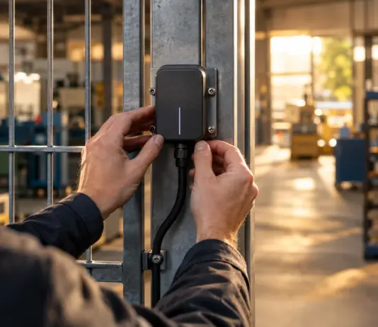 Unbeschriftetes vernetztes Steuergerät an einem Werkstatttor mit prüfenden Händen.