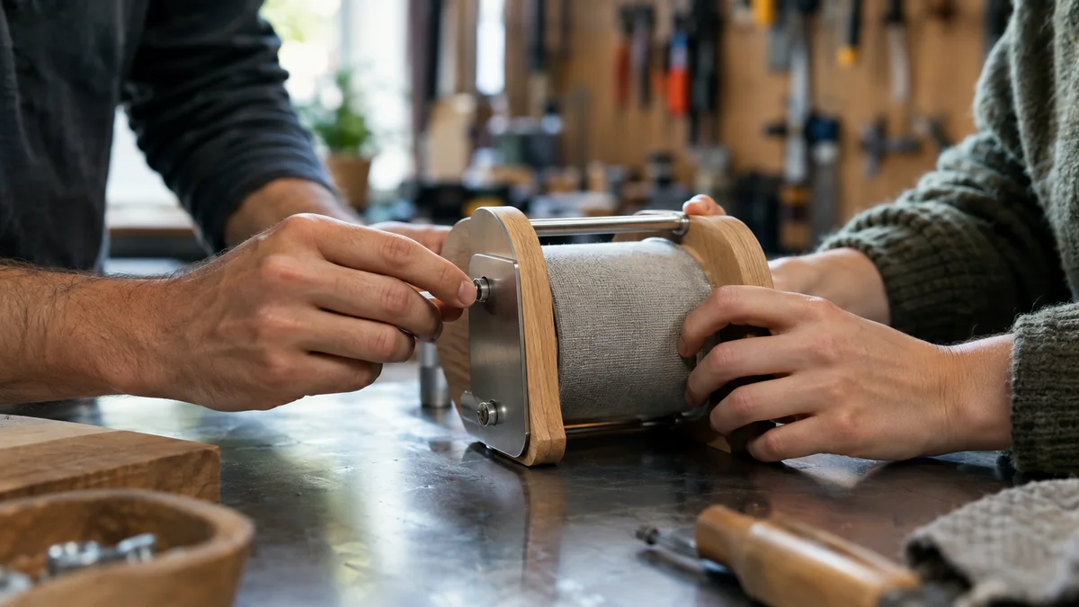 Gründerhände bereiten einen unbeschrifteten Prototypen in einer kleinen Werkstatt vor