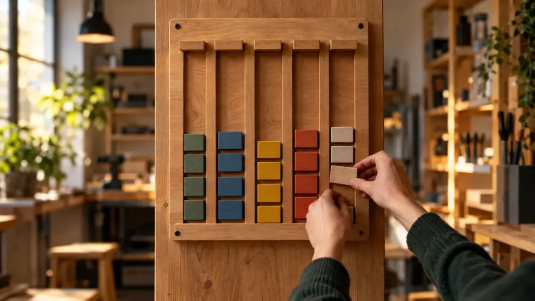 Unbeschriftetes Workflow-Board mit farbigen Holzmarkern in einer Startup-Werkstatt
