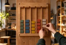 Projektmanagement Tools Startups: Notion, Asana, ClickUp und Trello 2026 vergleichen Unbeschriftetes Workflow-Board mit farbigen Holzmarkern in einer Startup-Werkstatt