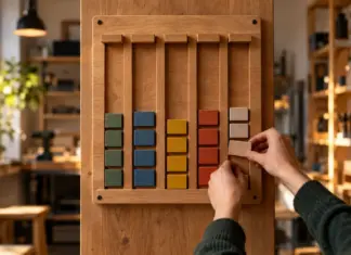 Unbeschriftetes Workflow-Board mit farbigen Holzmarkern in einer Startup-Werkstatt
