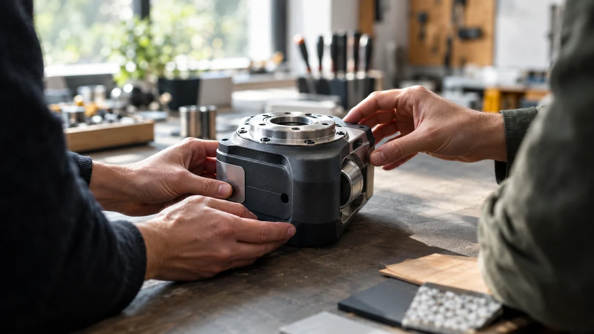 Prototyp-vertraulich-prüfen Hände eines Teams prüfen einen unmarkierten technischen Prototypen in einer Werkstatt.