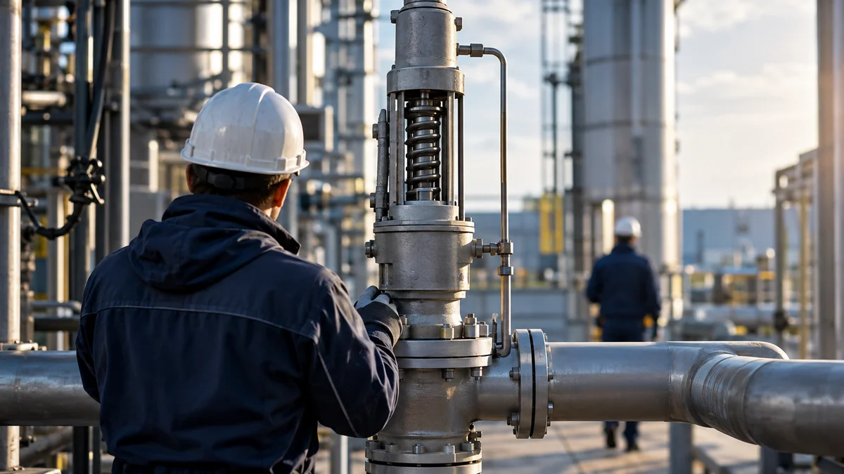 Person in Schutzkleidung prüft eine unmarkierte technische Anlage in einer Energiehalle