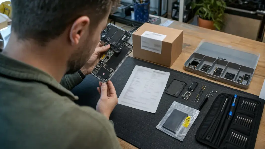 Recht-auf-Reparatur-2026 Mitarbeiter prüft ein geöffnetes Hardwareprodukt und Ersatzteile an einem Reparaturarbeitsplatz.