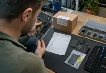 Recht auf Reparatur 2026: Praxischeck für Hardware-Startups Mitarbeiter prüft ein geöffnetes Hardwareprodukt und Ersatzteile an einem Reparaturarbeitsplatz.