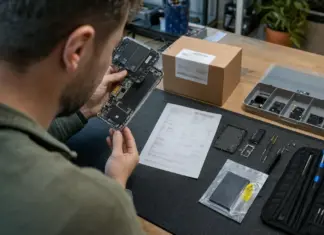 Mitarbeiter prüft ein geöffnetes Hardwareprodukt und Ersatzteile an einem Reparaturarbeitsplatz.