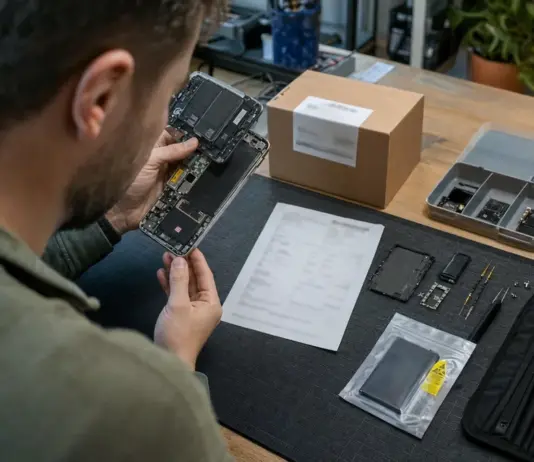 Mitarbeiter prüft ein geöffnetes Hardwareprodukt und Ersatzteile an einem Reparaturarbeitsplatz.