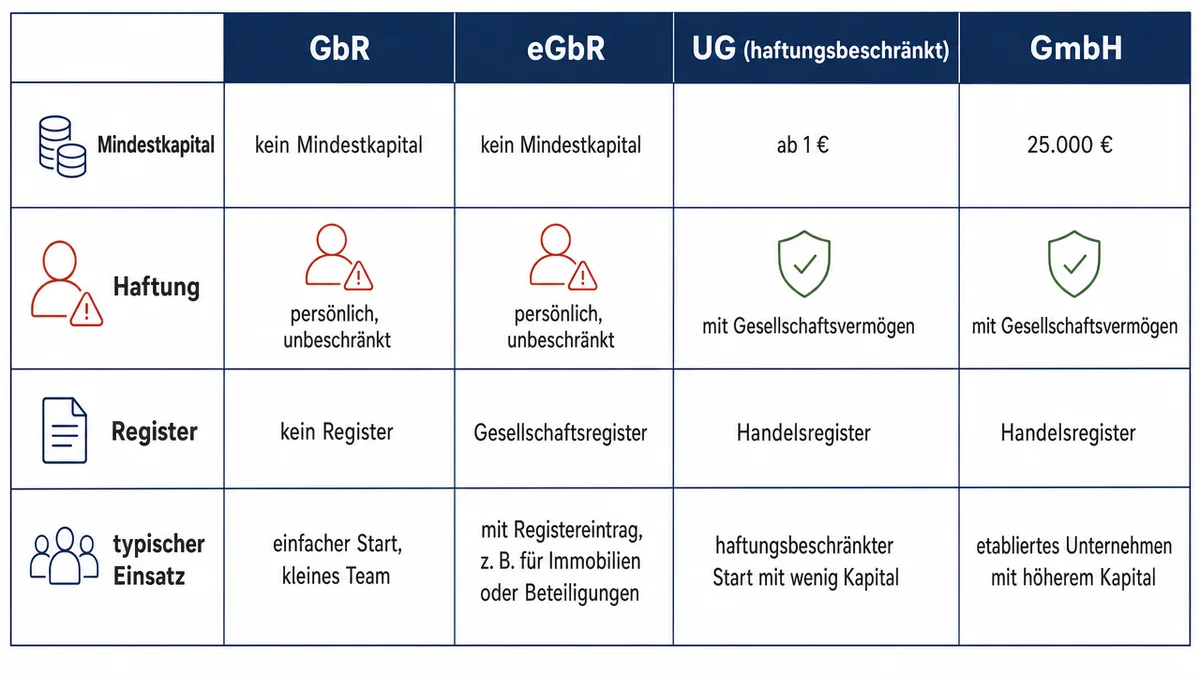 Vergleichstabelle zu GbR, eGbR, UG und GmbH mit Haftung, Kapital und Register.