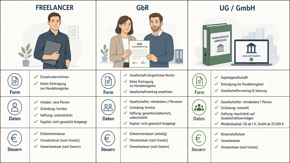 Rechtsformen-im-Vergleich Vergleich von Steuerfragebögen für Freelancer, GbR sowie UG oder GmbH.