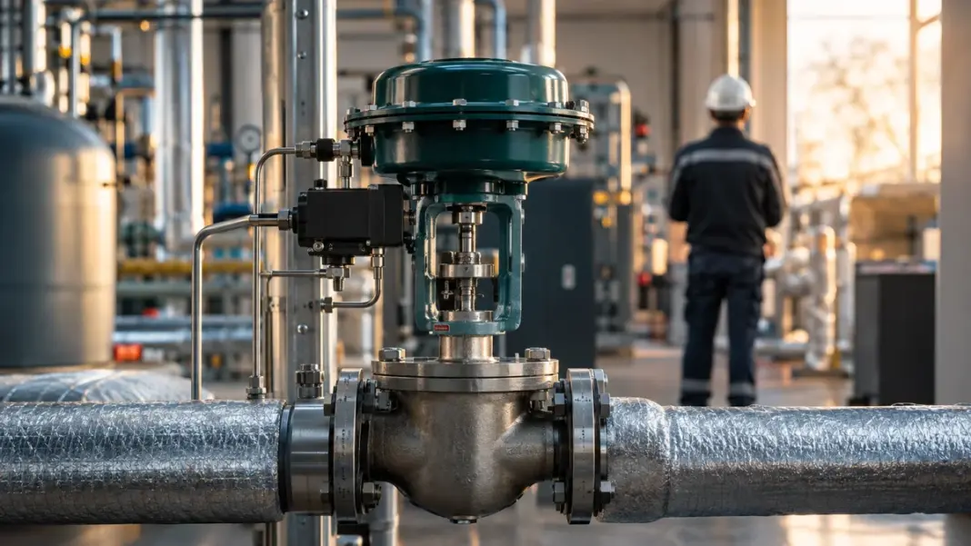 Unmarkiertes Regelventil in einer Energieanlage mit unscharfer Person in Schutzkleidung im Hintergrund