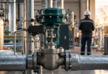 Regulatory Sandbox Startups: Wann Reallabore 2026 wirklich sinnvoll sind Unmarkiertes Regelventil in einer Energieanlage mit unscharfer Person in Schutzkleidung im Hintergrund