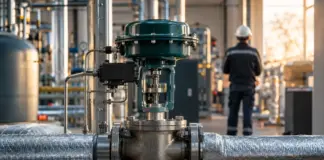 Unmarkiertes Regelventil in einer Energieanlage mit unscharfer Person in Schutzkleidung im Hintergrund