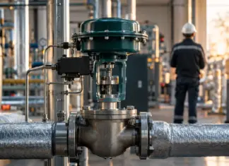 Unmarkiertes Regelventil in einer Energieanlage mit unscharfer Person in Schutzkleidung im Hintergrund