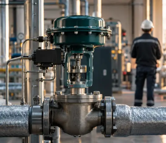 Unmarkiertes Regelventil in einer Energieanlage mit unscharfer Person in Schutzkleidung im Hintergrund