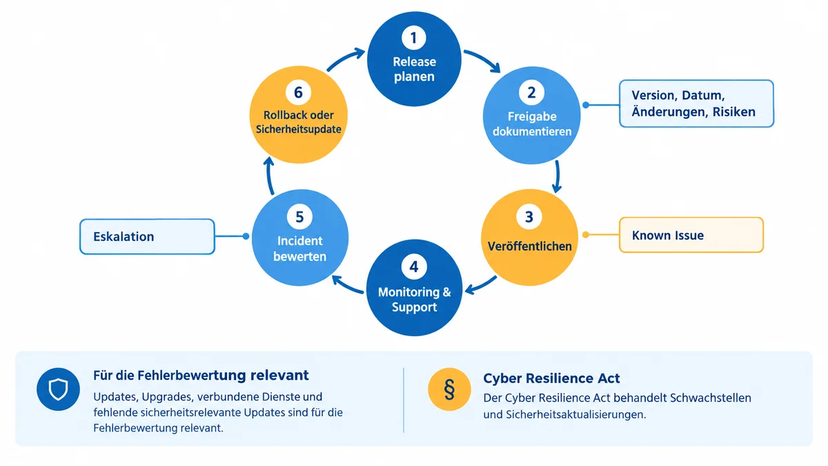 Diagramm eines Release- und Incident-Prozesses mit Rollback und Sicherheitsupdate.