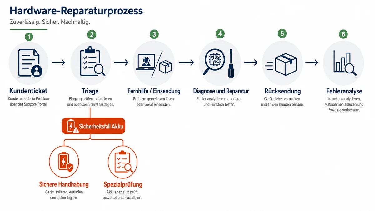 Reparaturprozess-im-Überblick Ablaufgrafik zeigt Kundenticket, Triage, Reparatur, Rücksendung und separaten Sicherheitsweg für Akkus.