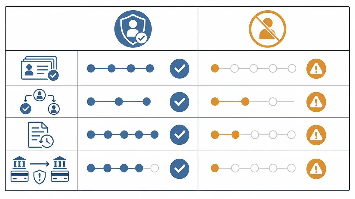 Sammelauftrag-Opt-out-Vergleich Vergleichsmatrix zeigt Kontrollen und Risiken bei Sammelaufträgen mit oder ohne Empfängerüberprüfung.