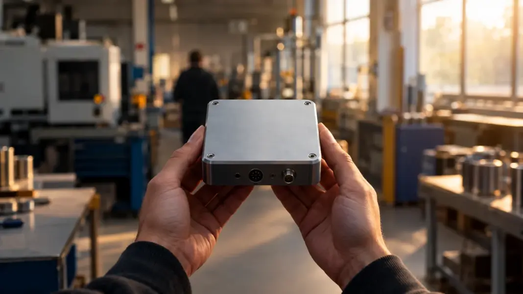 Unmarkierter Hardware-Prototyp in Händen vor einer unscharfen Werkstattkulisse