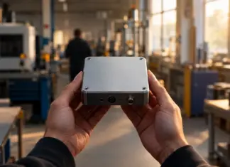 Unmarkierter Hardware-Prototyp in Händen vor einer unscharfen Werkstattkulisse