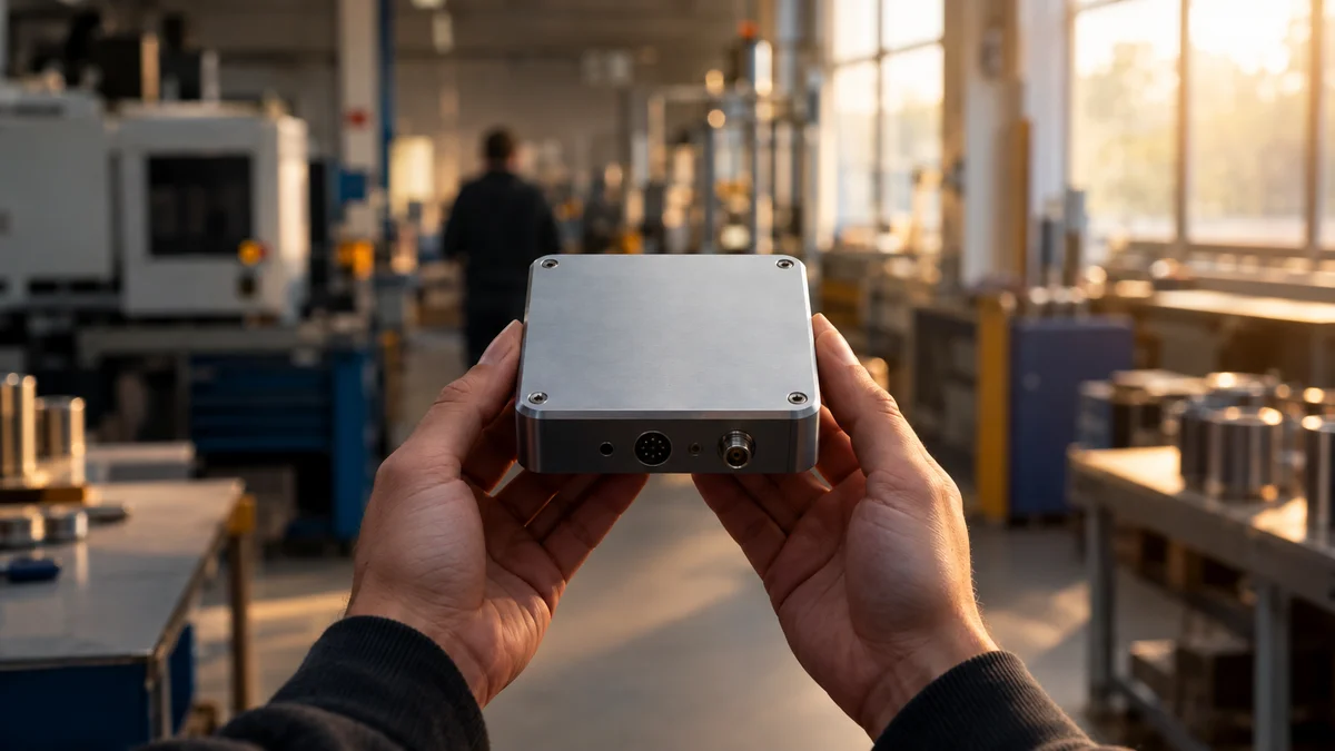 Gruenderfreunde Unmarkierter Hardware-Prototyp in Händen vor einer unscharfen Werkstattkulisse