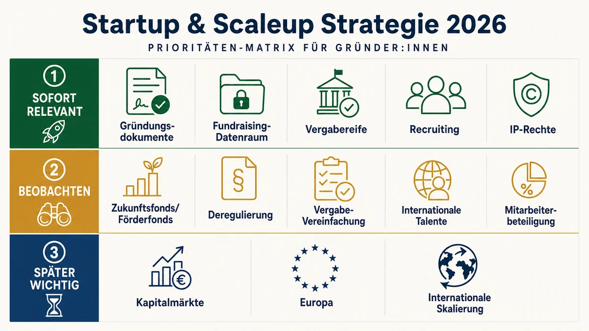 Startup-Prioritätenmatrix Prioritätenmatrix ordnet Maßnahmen für Gründer:innen nach sofortigem, beobachtbarem und späterem Handlungsbedarf.