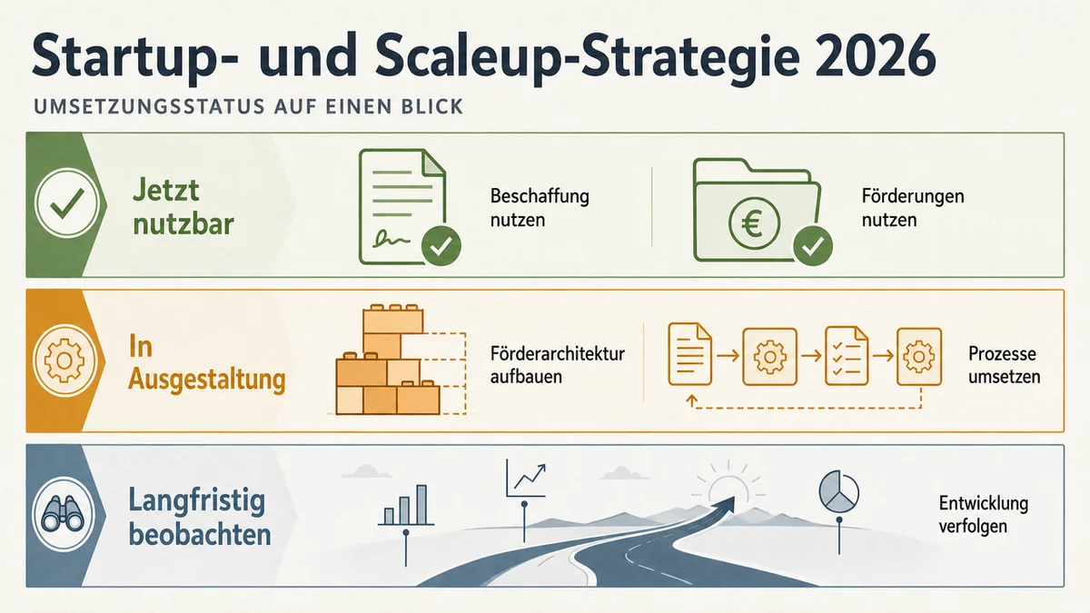 Strategie-Status-2026 Dreistufige Grafik zeigt sofort nutzbare, geplante und langfristige Maßnahmen der Startup-Strategie.