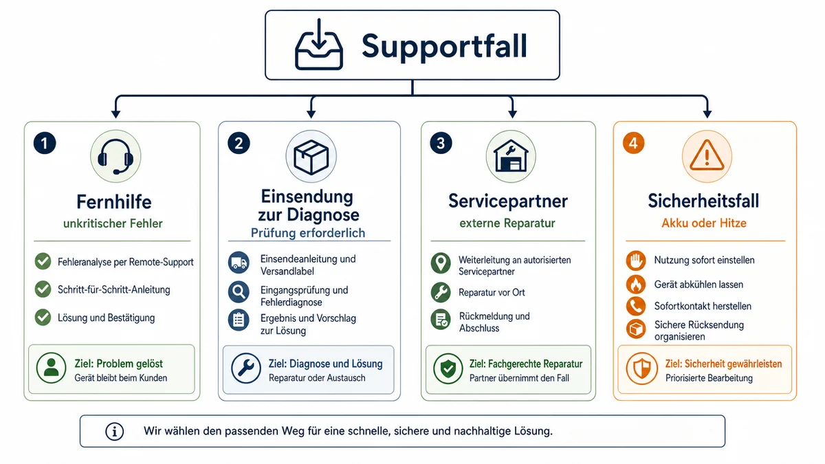 Support-Triage-für-Reparaturen Entscheidungsmatrix für Supportfälle mit Fernhilfe, Einsendung, Servicepartner und Sicherheitsfall.