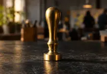 Term Sheet Startup 2026: Diese Klauseln musst du vor dem Signing verstehen Unmarkierter Messingsiegelstempel auf dunkler Steinoberfläche als Symbol für eine Startup-Finanzierung.