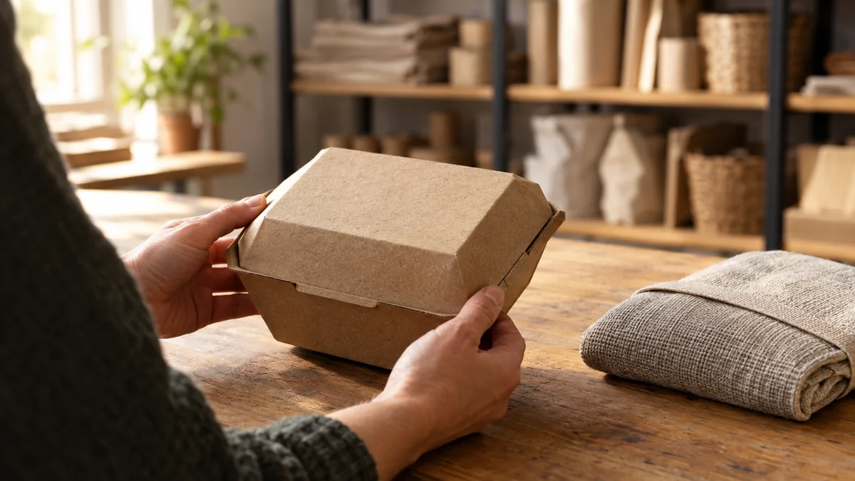 Verpackung-und-Textilien-pruefen Hände prüfen eine unbedruckte Kartonverpackung neben einem neutralen Textilprodukt.