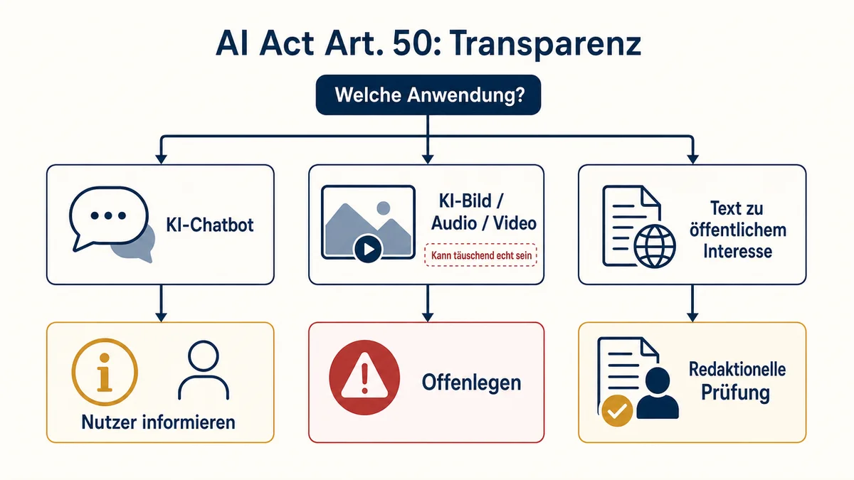 ai-act-entscheidungsbaum Entscheidungsbaum zu Chatbots, Deepfakes und KI-Texten nach Artikel 50.