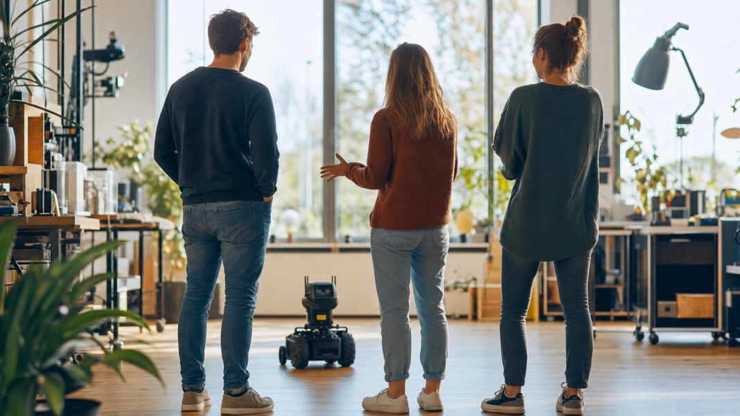 Team schaut sich im Makerspace einen kleinen Lernroboter an