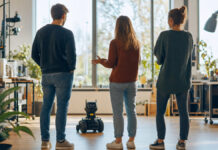 Team schaut sich im Makerspace einen kleinen Lernroboter an