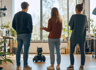 Team schaut sich im Makerspace einen kleinen Lernroboter an