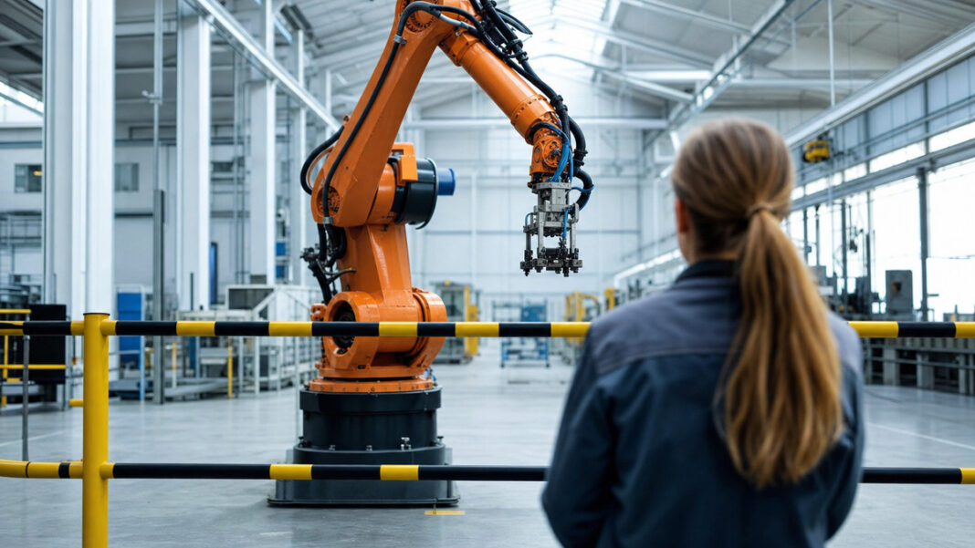 Ingenieurin beobachtet einen Roboterarm hinter einer Sicherheitsabsperrung Ingenieurin beobachtet einen Roboterarm hinter einer Sicherheitsabsperrung