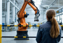Ingenieurin beobachtet einen Roboterarm hinter einer Sicherheitsabsperrung