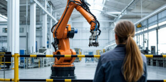 Ingenieurin beobachtet einen Roboterarm hinter einer Sicherheitsabsperrung
