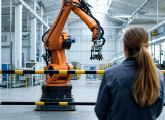 Ingenieurin beobachtet einen Roboterarm hinter einer Sicherheitsabsperrung