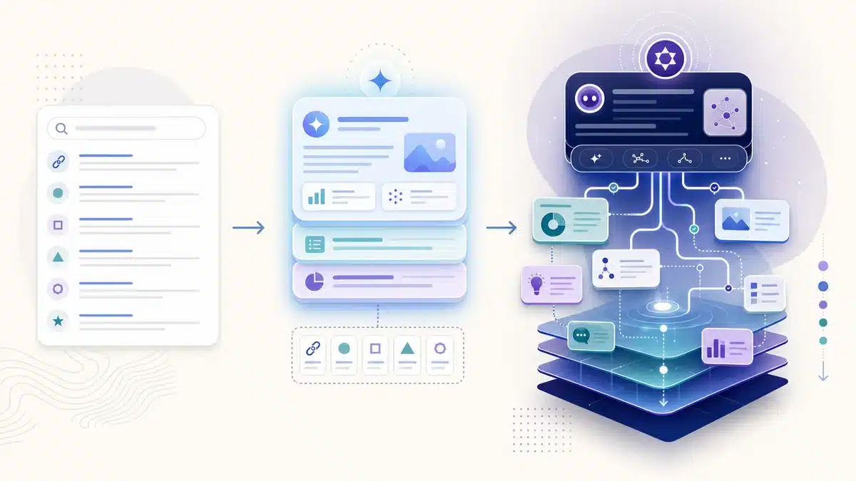 ai-search-vergleich Abstrakte Vergleichsgrafik von klassischer Suche, AI Overview und AI Mode