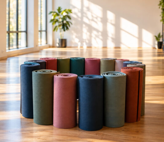 Leerer heller Kursraum mit einem Kreis aus ausgerollten Gymnastikmatten